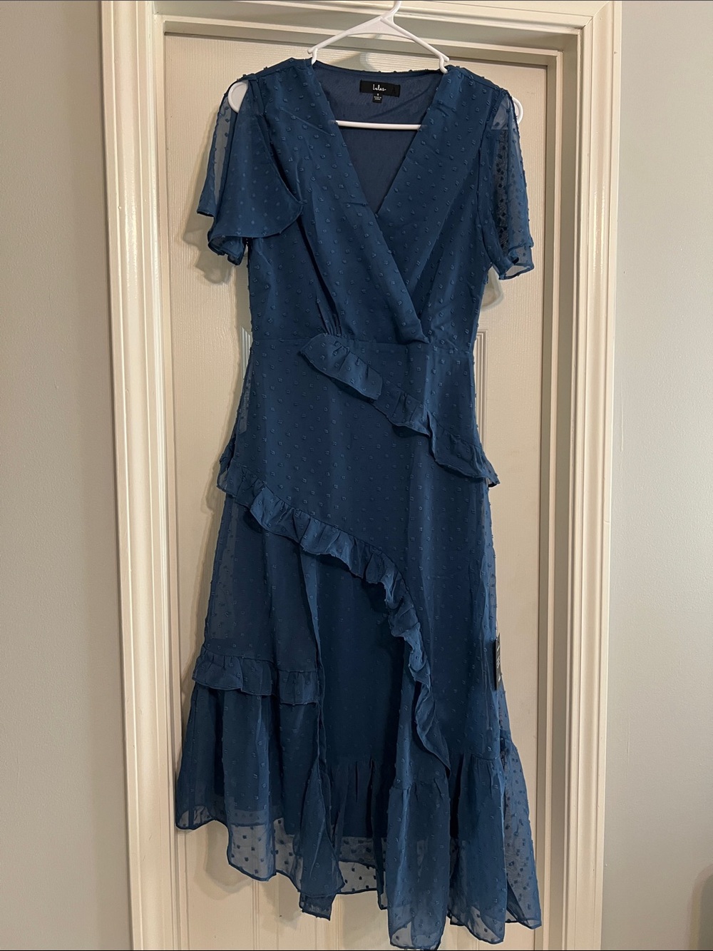 Lulu's Navy Blue Swiss Dot Ruffle Wrap Midi Dress